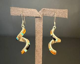 Unique Sterling Silver Inlay Spiral Earrings Tigers Eye, Onyx, and Synthetic Opal