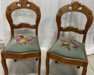 Pair of Antique Victorian BalloonBack Chairs with Floral Needlepoint Seats