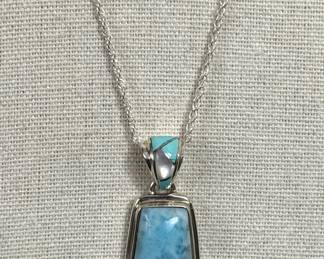 Sterling Silver Necklace with Larimar, Turquoise MotherofPearl Inlay Pendant