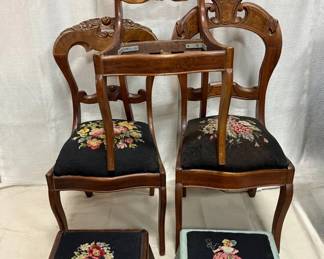 Set of Antique Carved Wood Chairs Needlepoint Footstools  Project Pieces