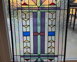 Rectangular Stained Glass Window Panel with Art Deco Geometric Design