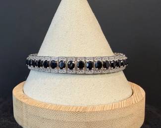 Stunning Sterling Silver Bracelet Black Oval Stones andFiligree Links