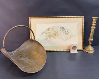 Collection of Vintage Brass, Marble, and Framed Art Dcor