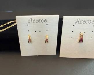 14K Gold Rope Chain Bracelet with Pink Tourmaline Earrings Pendant Set