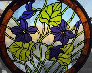 Round Stained Glass Window Panel with Purple Morning Glory Floral Design