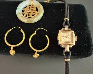 Vintage Monarch Watch, Jade Pendant GoldPlated Heart Hoop Earrings Set