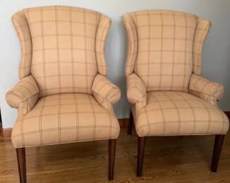 Ethan Allen Wingback Armchairs Pair Plaid Upholstery, Classic Style