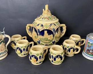Vintage German Beer Steins Castle Relief Punch Set with Lidded Tureen