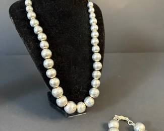Sterling Silver Beaded Necklace and Bracelet Set 75.29g