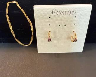 Gold Amethyst Earrings 14K Italy Rope Chain Bracelet  14K, 2.16grams