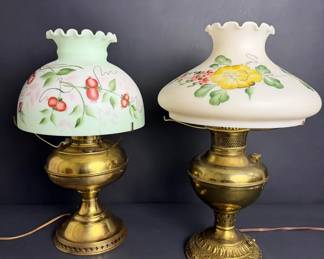 Pair of Vintage HandPainted Hurricane Lamps with Floral Glass Shades