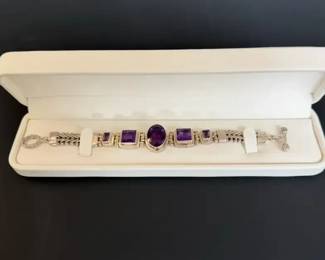Sterling Silver 925 Bracelet with Bezel Set Amethyst Stones 44g, 7.5in