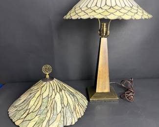 Pair of Antique Handel Leaded Slag Glass Table Lamp Shades with One Bronze Base
