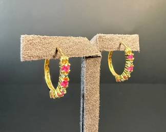18K Yellow Gold Hoop Earrings with Rubies and Diamonds on Sterling Silver 2.94g