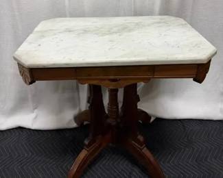 Victorian Walnut Parlor Table with White Marble Top Ornate Carved Base