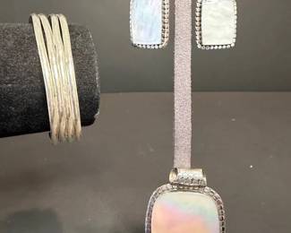 Sterling Silver 925 Mother of Pearl Jewelry Set Pendant, Earrings  Bangles