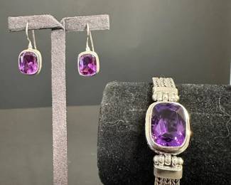 925 Sterling Silver Amethyst Bracelet Earrings Set 