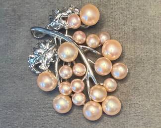 Fresh Water Pink Pearls And Sterling Silver Brooch Rhodium Finish, Graduated Design
