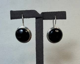 Black Onyx Earrings Sterling Silver 14mm Cabochon Round Bezel Set