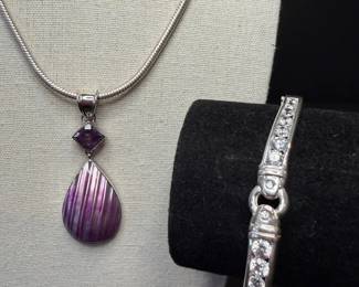 Sterling Silver 925 Jewelry Set Purple Shell Pendant Necklace  CZ Bangle