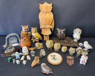 Owl Figurine Collection Brass, Wood, Ceramic  Mixed Materials