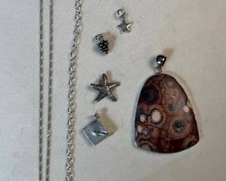 Sterling Silver Butterscotch Amber Necklace Ocean Jasper Pendant with Charm Bracelet 