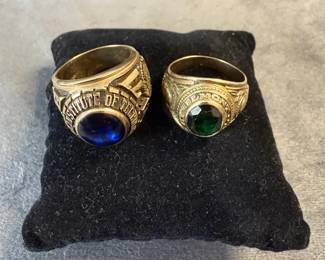 Set of 10K Gold Class Rings with Blue and Green Stones Size 1516, 27.56g