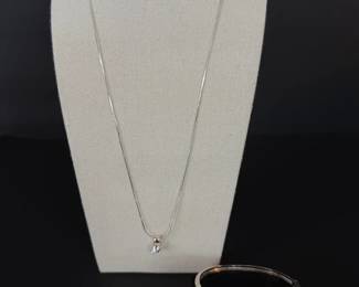 Sterling Silver Jewelry Set Crystal Solitaire Necklace  Graduated Stone Bangle, 29.8g Total