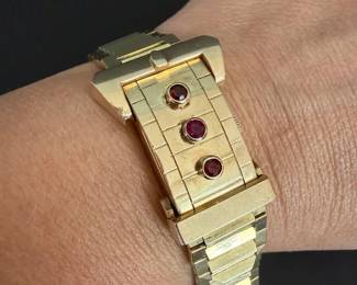 001 Art Deco 14K Gold Perraux Hidden Dial Watch Garnet Ruby Accents, 49.2g