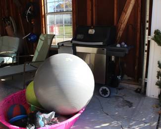 Exercise ball, roller blades Kite