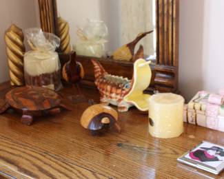 Wood Turtle, Candles, Ceramic Alligator, Wood Bird