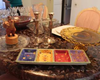Various Candle Holders, Divided Dish, Pedestal Cake Plate