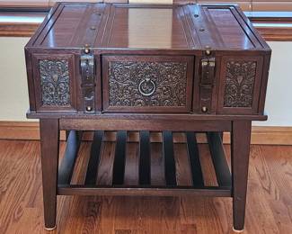 Trunk-Style Carved End Table w/ 1-Drawer, 2/3