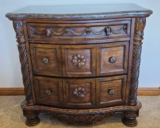 Carved Wooden Nightstand w/ Marble Top, 2 of 4 pieces in this bedroom set