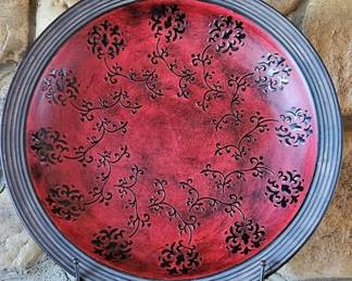 Emobossed Red & Gray Round Pottery Centerpiece w/ Stand