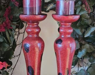 (2) Red w/ Black Splotch Candle Holders & Candles