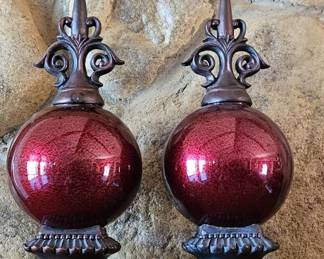 Pair French Fleur de Lis Topiaries w/ Red Bulbs