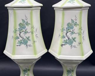 Large Footed Porcelain Jar & Lids (2) Green Stripe