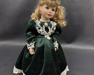 Porcelain Doll in Green Velvet Dress & Hat