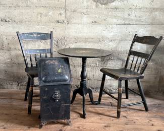 This lot features a collection of Victorian-era items including two chairs, a small table, and a coal scuttle with tools.

