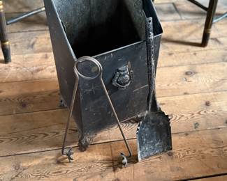 This lot features a collection of Victorian-era items including two chairs, a small table, and a coal scuttle with tools.
