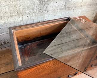 This lot features a Japanese hibachi cabinet with five (5) drawers, and a removable glass lid above the copper lined well. This cabinet measures, 14” H x 28” W x 15” D.
