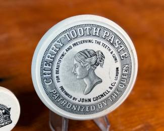 This lot features three (3) Victorian toothpaste ceramic pots & lids, circa 1800s. Made in England, included you’ll find "Cherry Toothpaste" by John Cosnell & Co, "Oriental Toothpaste" by Jewsbury & Brown, and a rare Edwardian ironstone ointment pot.

