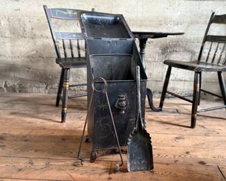 This lot features a collection of Victorian-era items including two chairs, a small table, and a coal scuttle with tools.
