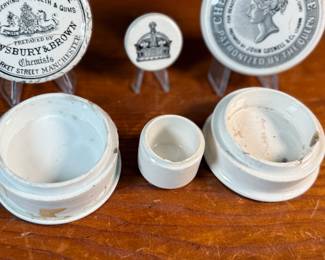 This lot features three (3) Victorian toothpaste ceramic pots & lids, circa 1800s. Made in England, included you’ll find "Cherry Toothpaste" by John Cosnell & Co, "Oriental Toothpaste" by Jewsbury & Brown, and a rare Edwardian ironstone ointment pot.
