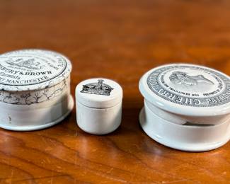 This lot features three (3) Victorian toothpaste ceramic pots & lids, circa 1800s. Made in England, included you’ll find "Cherry Toothpaste" by John Cosnell & Co, "Oriental Toothpaste" by Jewsbury & Brown, and a rare Edwardian ironstone ointment pot.
