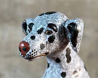This lot features a stunning antique Chinese cloisonné sculpture of a Dalmatian dog. The tail is barely holding on as shown in photos, but is complete and a stunning sculpture. This Dalmatian measures, 14.5” H x 7” W x 9.5” D.
