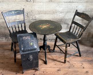 This lot features a collection of Victorian-era items including two chairs, a small table, and a coal scuttle with tools.
