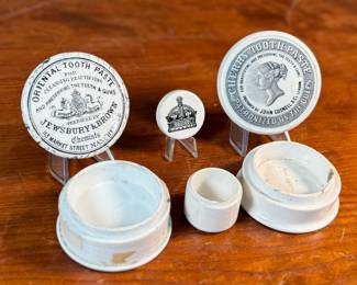 This lot features three (3) Victorian toothpaste ceramic pots & lids, circa 1800s. Made in England, included you’ll find "Cherry Toothpaste" by John Cosnell & Co, "Oriental Toothpaste" by Jewsbury & Brown, and a rare Edwardian ironstone ointment pot.
