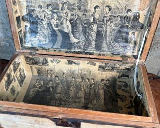 This lot features an antique trunk, most likely an immigrant trunk circa 1890s. The trunk is made of wood and animal hide with a lined paper interior. This trunk measures, 8” H x 21” W x 10.5” D.
